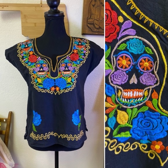 Handmade Tops - 💀SOLD💀Sugar Skull Embroidered Mexican Peasant Top Blouse